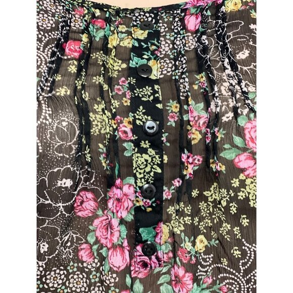PINK ROSE Womens Sheer Boho Floral Top Large Black Multi Chiffon Slouch Pockets - Picture 6 of 16